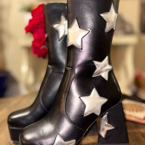 Dolls Kill Black and Silver Star Heeled Boots
